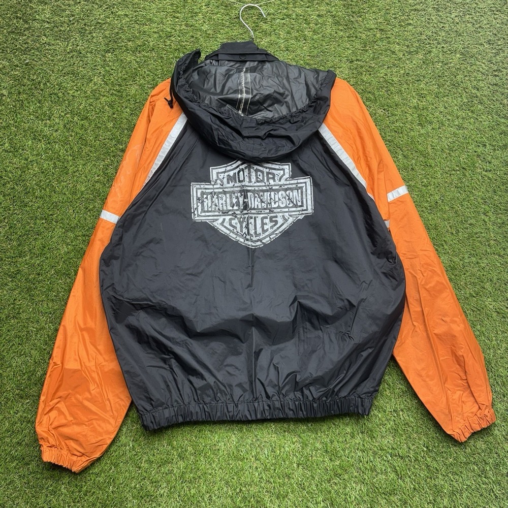 Harley Davidson Nylon Rain Jacket Mens Medium Orange Black Full Zip Riding